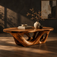 Oval coffee table on an interlaced base with open loops, three-quarter view showing the grain