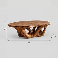 Oval Coffee Table on an Interlaced Sculpted Base dimension diagram with width, height and depth