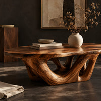 Corner detail of oval coffee table on an interlaced base with open loops beside wood, brass and linen samples