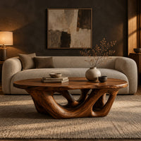 Oval coffee table on an interlaced base with open loops in a dark living room at golden hour