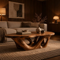 Oval coffee table on an interlaced base with open loops in an evening living room with walnut wall paneling