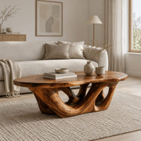 Oval coffee table on an interlaced base with open loops in a Scandinavian living room with white walls
