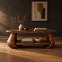 Oval coffee table with swelling tulip shaped legs and a lower shelf in a dark studio against a charcoal plaster wall