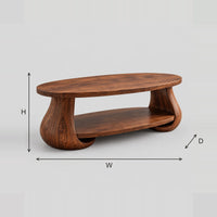 Oval Coffee Table, Tulip Shaped Legs, Lower Shelf dimension diagram with width, height and depth