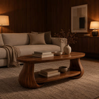 Oval coffee table with swelling tulip shaped legs and a lower shelf in an evening living room with walnut wall paneling