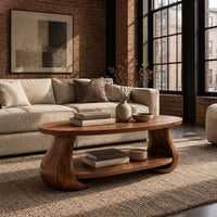 Oval coffee table with swelling tulip shaped legs and a lower shelf in an industrial loft living room with exposed brick