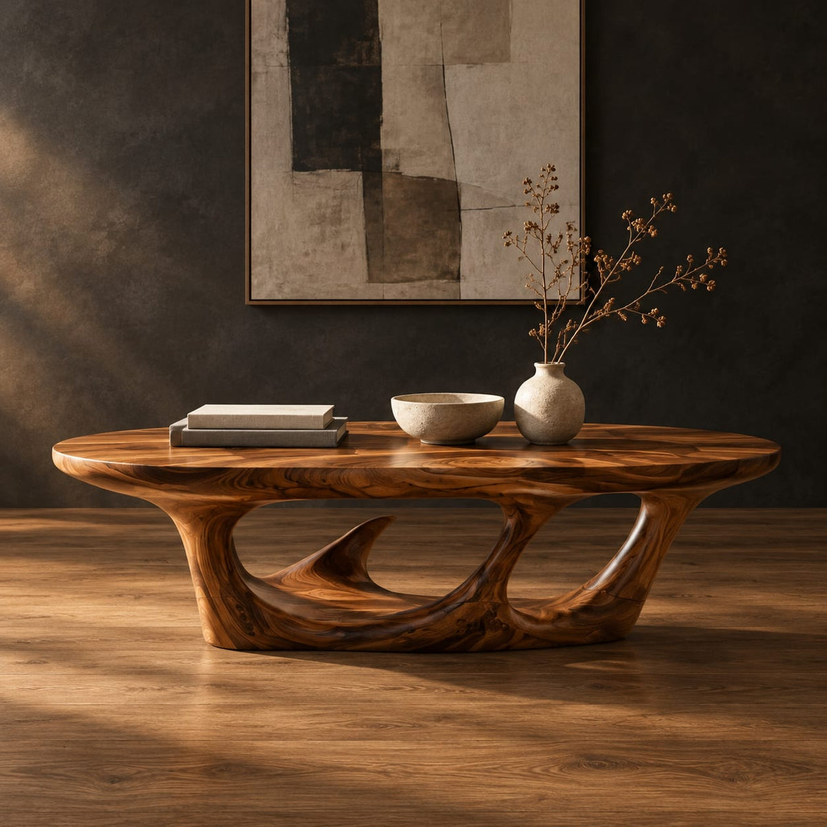 Oval coffee table with a sculpted open loop base in a dark studio against a charcoal plaster wall