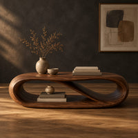 Oval coffee table with a twisting ribbon loop body and an open lower level in a dark studio against a charcoal plaster wall