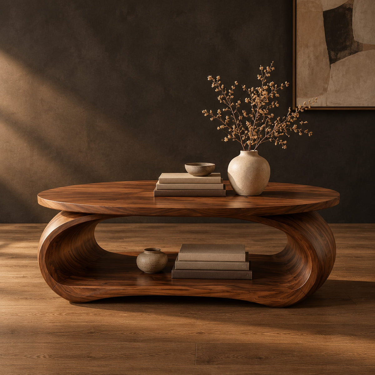 Oval coffee table on a bent loop base with a low shelf inside in a dark studio against a charcoal plaster wall