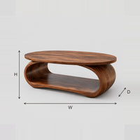 Oval Coffee Table With Bent Loop Base And Low Shelf dimension diagram with width, height and depth