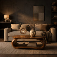 Oval coffee table on a bent loop base with a low shelf inside in a dark living room at golden hour