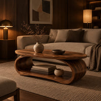 Oval coffee table on a bent loop base with a low shelf inside in an evening living room with walnut wall paneling