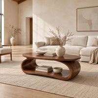 Oval coffee table on a bent loop base with a low shelf inside in a bright open plan living room
