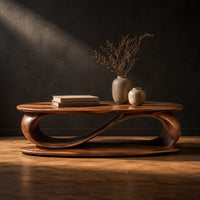 Oval coffee table with a flowing ribbon base and a low oval shelf in a dark studio against a charcoal plaster wall