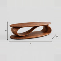 Oval Coffee Table With Flowing Ribbon Base And Low Oval Shelf dimension diagram with width, height and depth