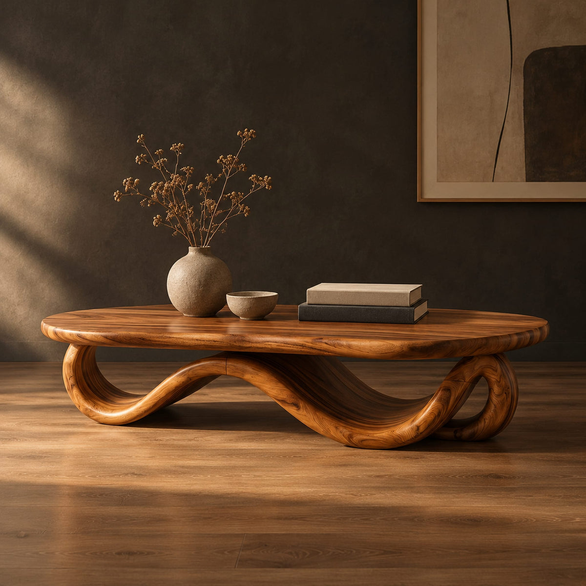 Oval coffee table with a flowing wave ribbon base in a dark studio against a charcoal plaster wall