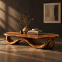Oval coffee table with a flowing wave ribbon base, three-quarter view showing the grain