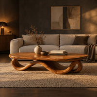 Oval coffee table with a flowing wave ribbon base in a dark living room at golden hour