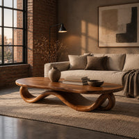 Oval coffee table with a flowing wave ribbon base in an industrial loft living room with exposed brick
