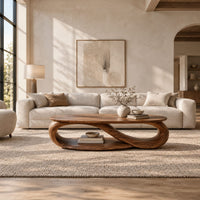 Oval coffee table with an infinity loop base and lower shelf in a bright open plan living room