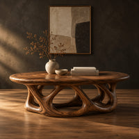 Oval coffee table on a base of interlocking open arches in a dark studio against a charcoal plaster wall