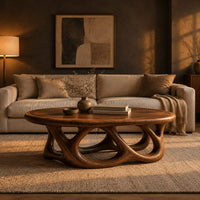 Oval coffee table on a base of interlocking open arches in a dark living room at golden hour