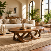 Oval coffee table on a base of interlocking open arches in a bright living room with arched windows and plants