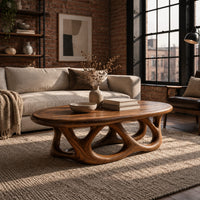 Oval coffee table on a base of interlocking open arches in an industrial loft living room with exposed brick