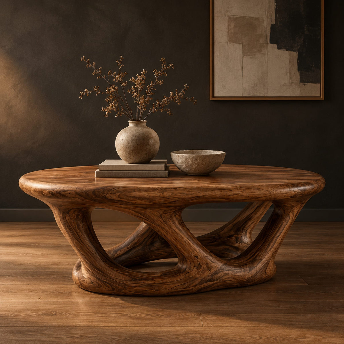 Oval coffee table on interlocking looped wooden legs with a thick top in a dark studio against a charcoal plaster wall