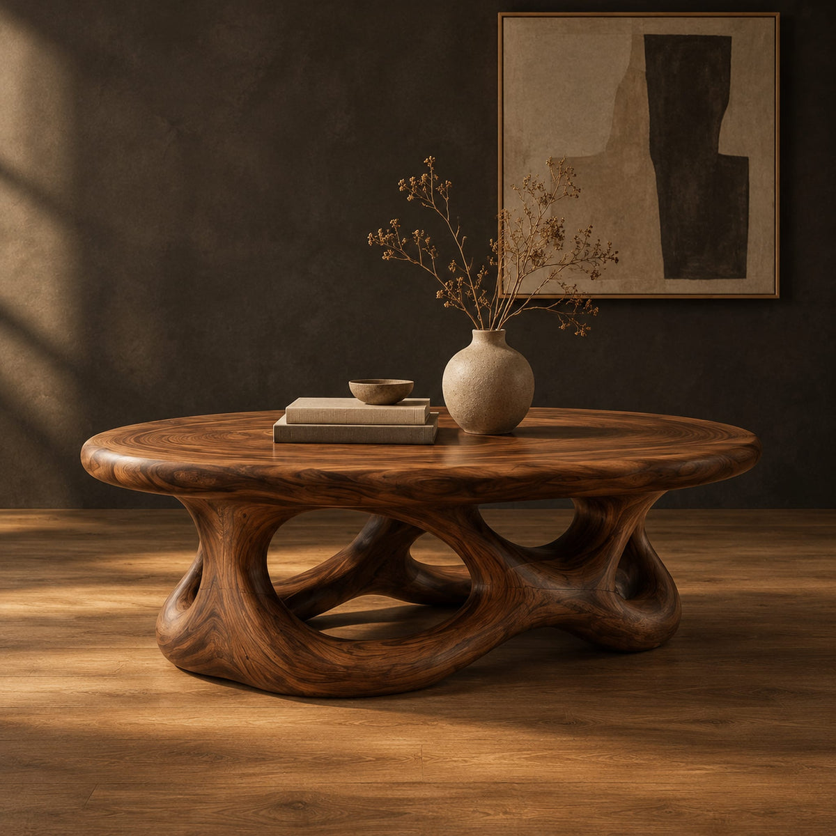 Oval coffee table with a knotted openwork wooden base in a dark studio against a charcoal plaster wall