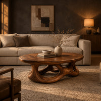 Oval coffee table with a knotted openwork wooden base in a dark living room at golden hour