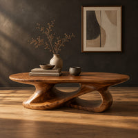 Oval coffee table on a looping ribbon base with open gaps in a dark studio against a charcoal plaster wall