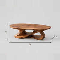 Oval Coffee Table With Looping Ribbon Base And Open Gaps dimension diagram with width, height and depth