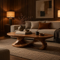 Oval coffee table on a looping ribbon base with open gaps in an evening living room with walnut wall paneling