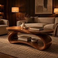 Oval wood coffee table on a looping ribbon base with an open lower shelf in an evening living room with walnut wall paneling