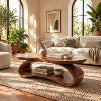Oval wood coffee table on a looping ribbon base with an open lower shelf in a bright living room with arched windows and plants