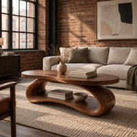 Oval wood coffee table on a looping ribbon base with an open lower shelf in an industrial loft living room with exposed brick