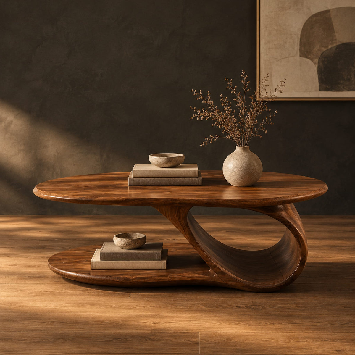 Oval coffee table with a low oval shelf and a single scroll support in a dark studio against a charcoal plaster wall