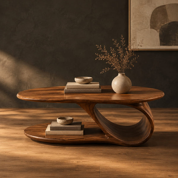 Oval Coffee Table With Low Oval Shelf And Single Scroll Support
