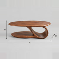 Oval Coffee Table With Low Oval Shelf And Single Scroll Support dimension diagram with width, height and depth