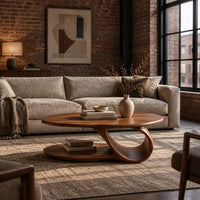 Oval coffee table with a low oval shelf and a single scroll support in an industrial loft living room with exposed brick