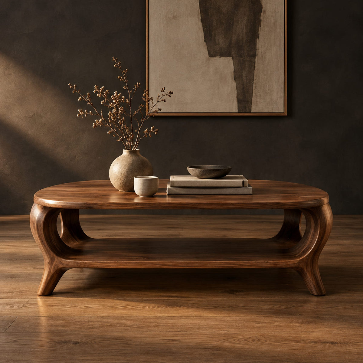 Oval coffee table with a lower shelf and flared legs with circular cutouts in a dark studio against a charcoal plaster wall