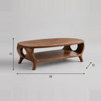Oval Coffee Table With Lower Shelf And Cutout Legs dimension diagram with width, height and depth