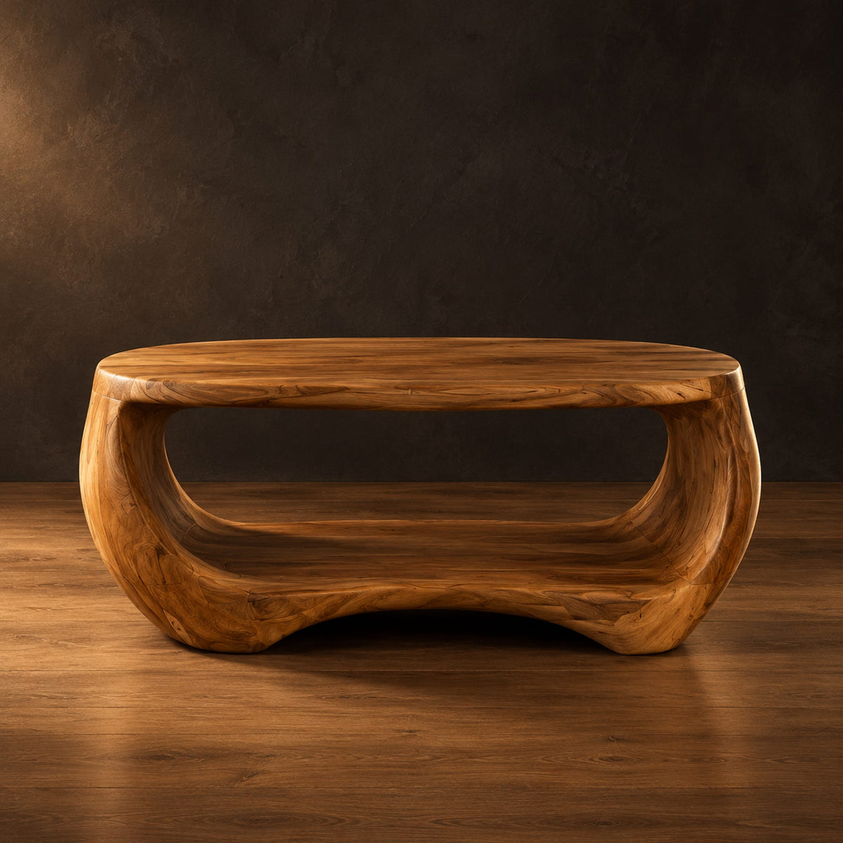 Oval coffee table with a sculpted body and open lower shelf in a dark studio against a charcoal plaster wall