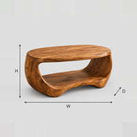 Oval Coffee Table With Sculpted Body And Open Lower Shelf dimension diagram with width, height and depth