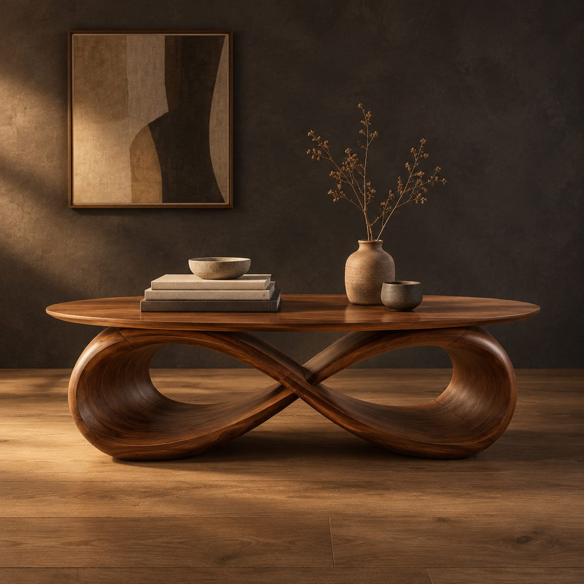 Oval coffee table with a sculpted infinity loop base in a dark studio against a charcoal plaster wall