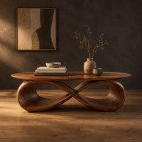 Oval coffee table with a sculpted infinity loop base in a dark studio against a charcoal plaster wall