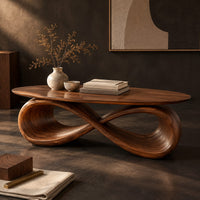 Corner detail of oval coffee table with a sculpted infinity loop base beside wood, brass and linen samples