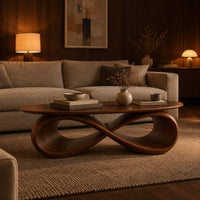 Oval coffee table with a sculpted infinity loop base in an evening living room with walnut wall paneling