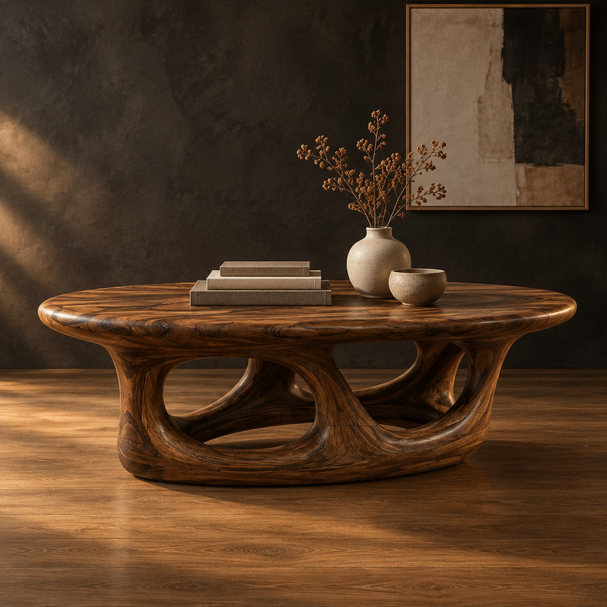 Oval coffee table with a thick edge and hollow arch base in a dark studio against a charcoal plaster wall